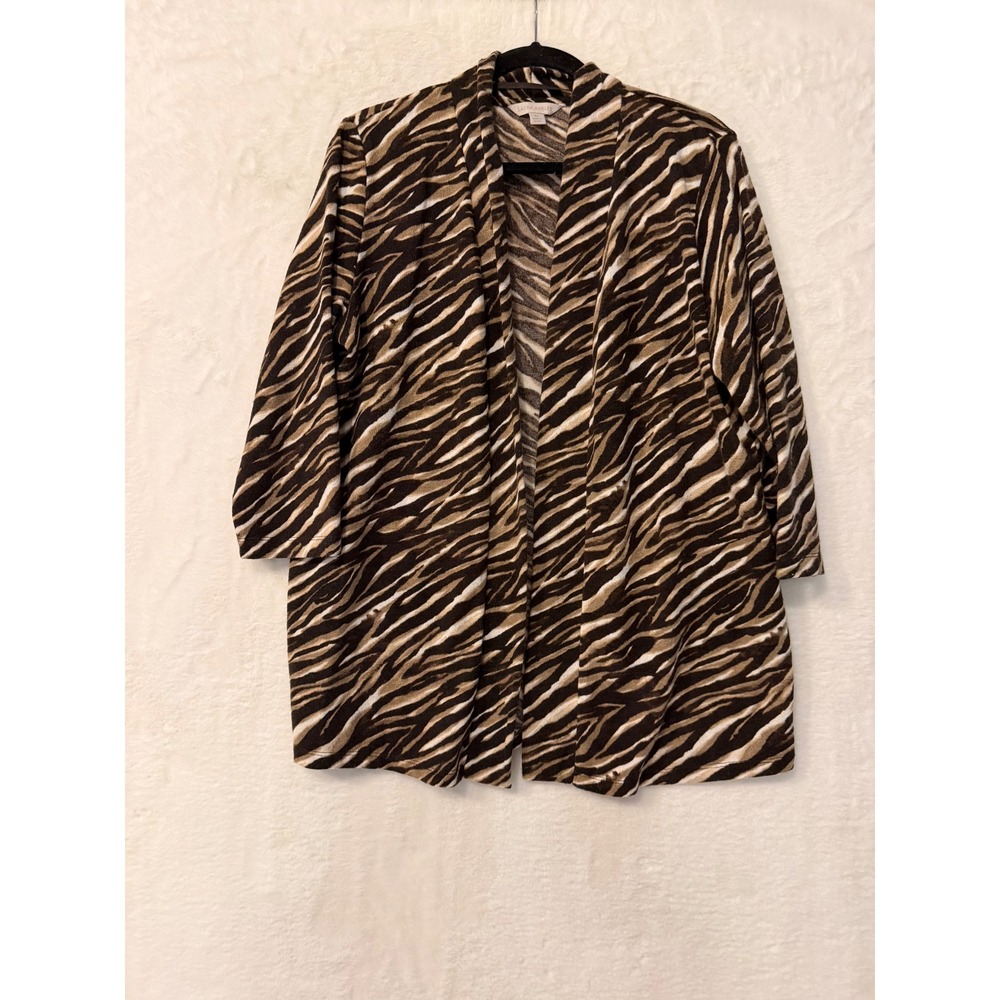 Laura Ashley Zebra Print Open Front Cardigan Brown Tan Animal XL 3/4 Sleeve